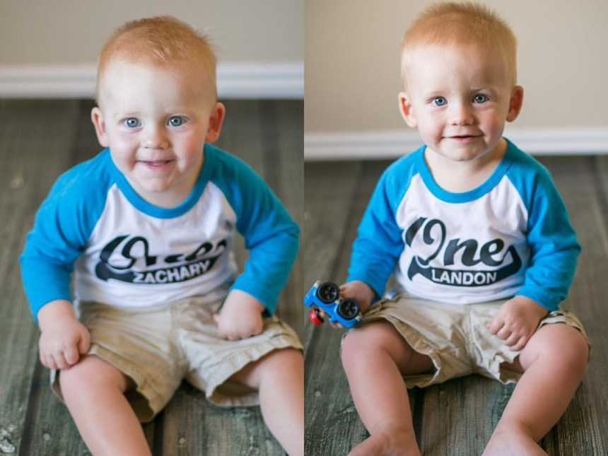 side by side of red haired infant twins sitting on the floor wearing a shirt with their names Zachary and Landon on them