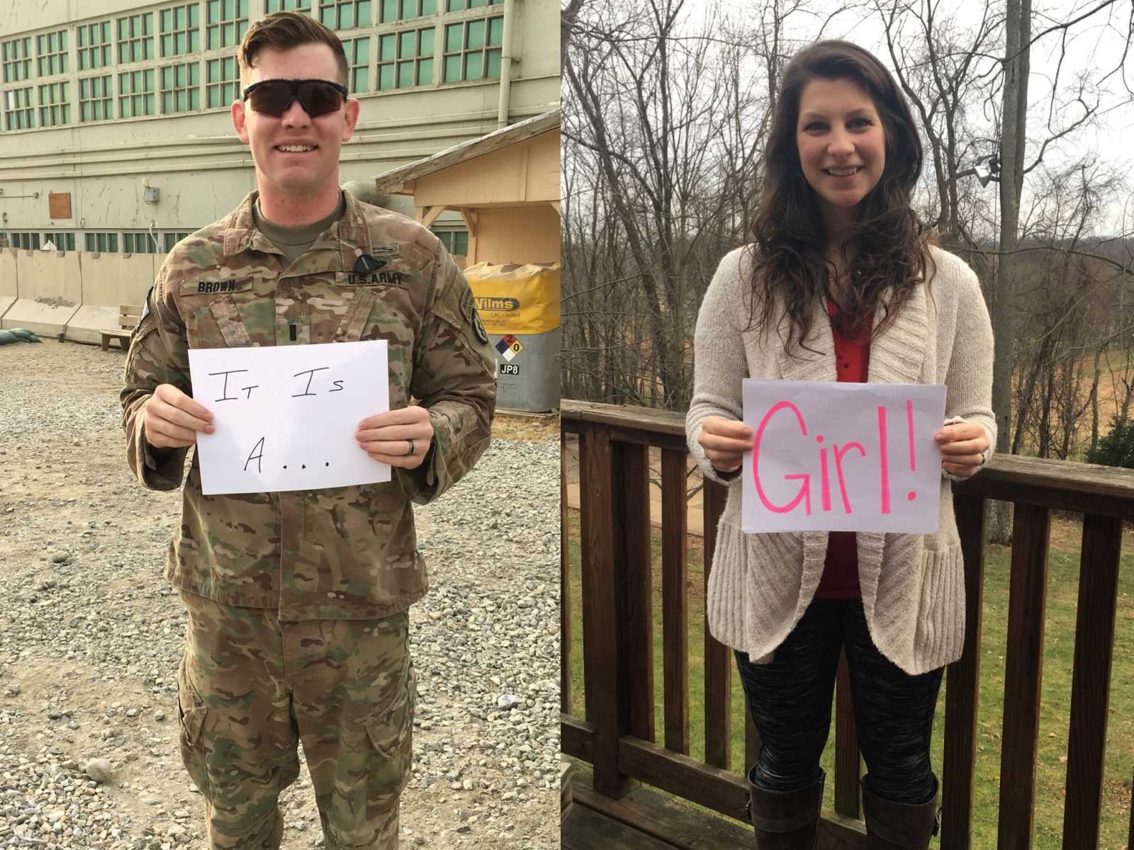 soldier deployed holding a piece of paper saying, "it's a..." while wife is at home holding paper saying, "girl"