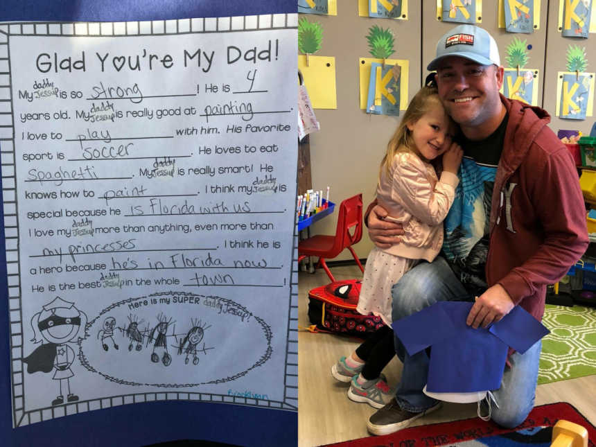 side by side of paper titled, "glad you're my dad" and stepdad kneeling while hugging stepdaughter in school classroom
