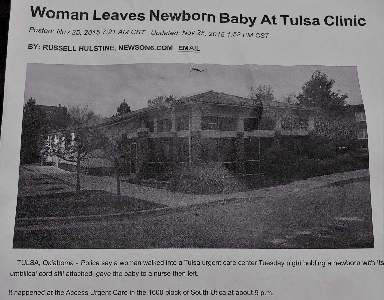 newspaper with headline, "woman leaves newborn baby at Tulsa clinic"