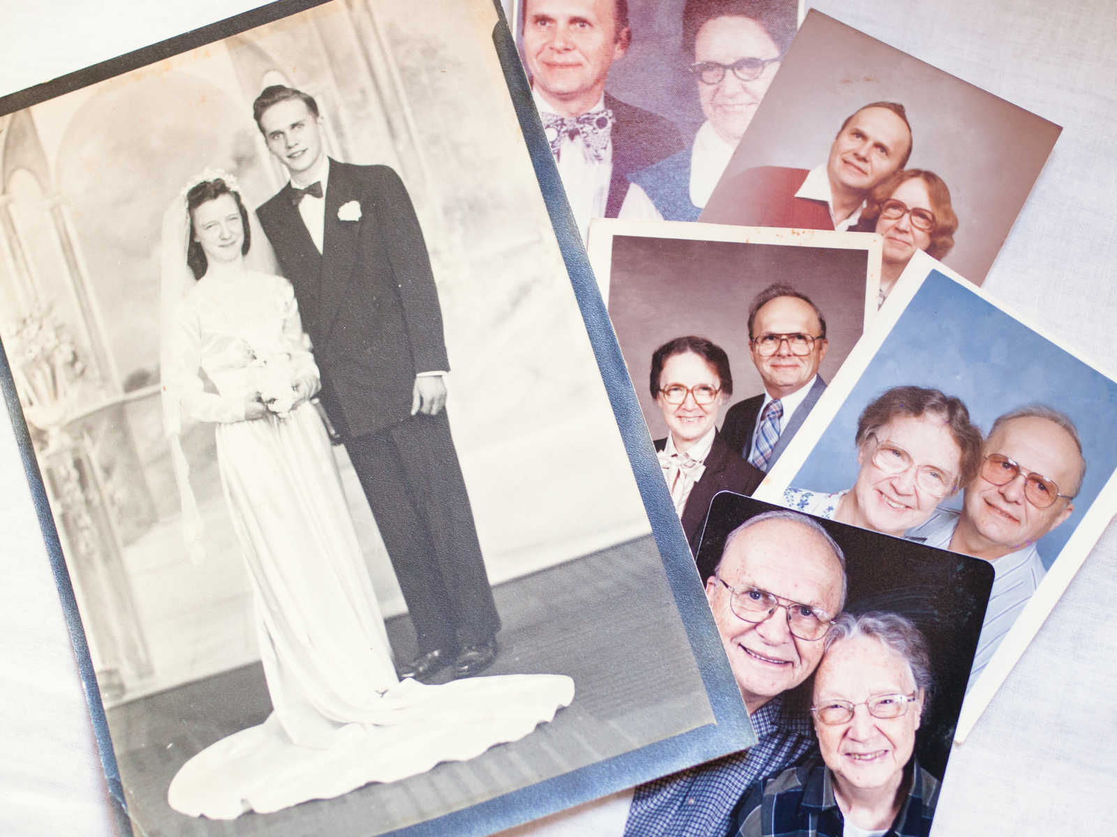 elderly couple at the forefront and in the background they are side by side throughout the years