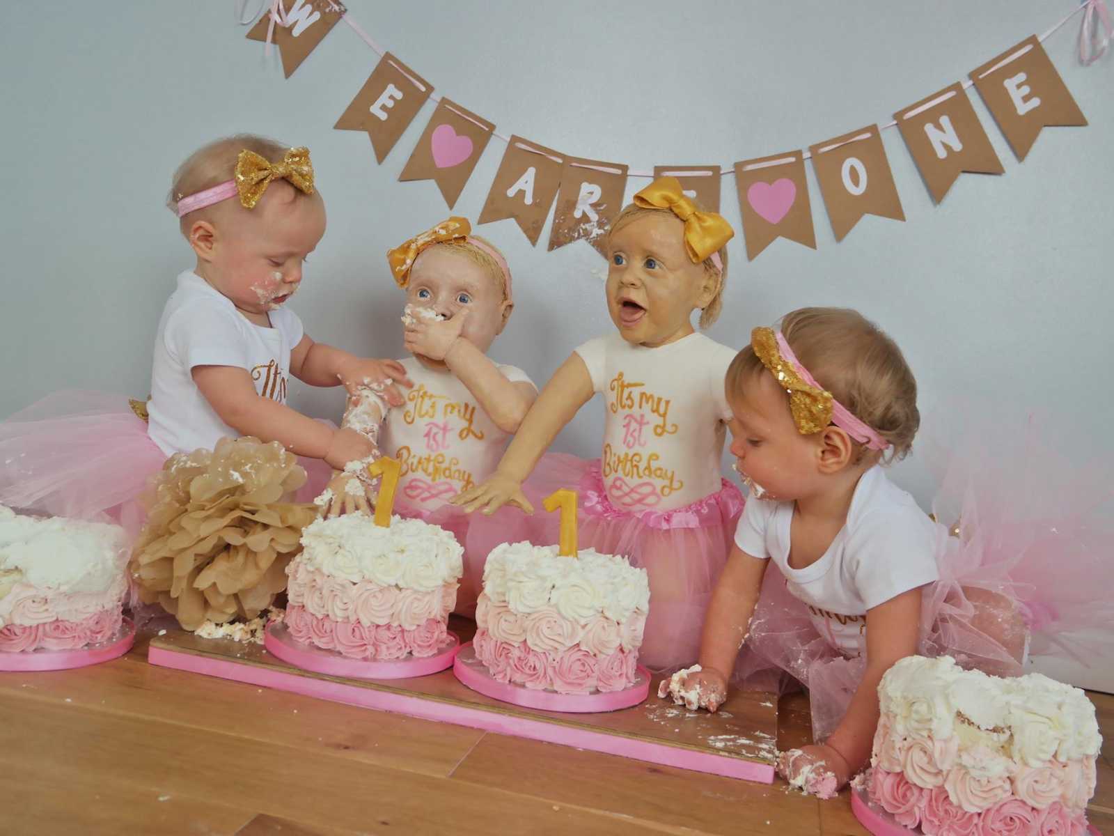 infant girl touches arm of cake that looks like her while other infant looks at two cakes with pink and white roses on it