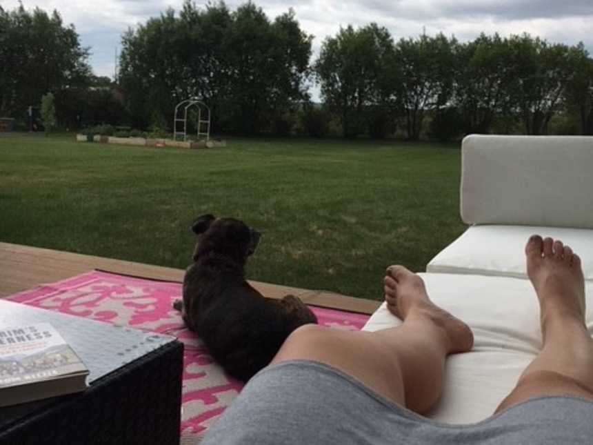 owner lying on couch with view of yard and adopted dog is laying down next to couch