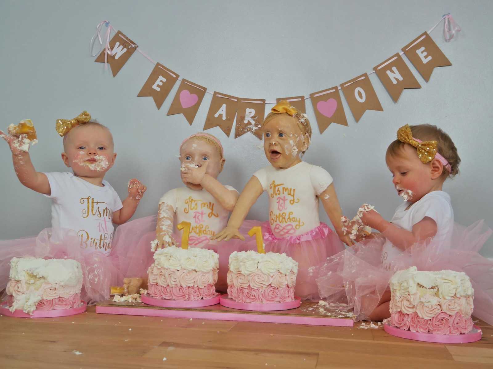 two babies in gold bows and pink tutus sitting on a table with birthday cake next to two cakes that look like real babies