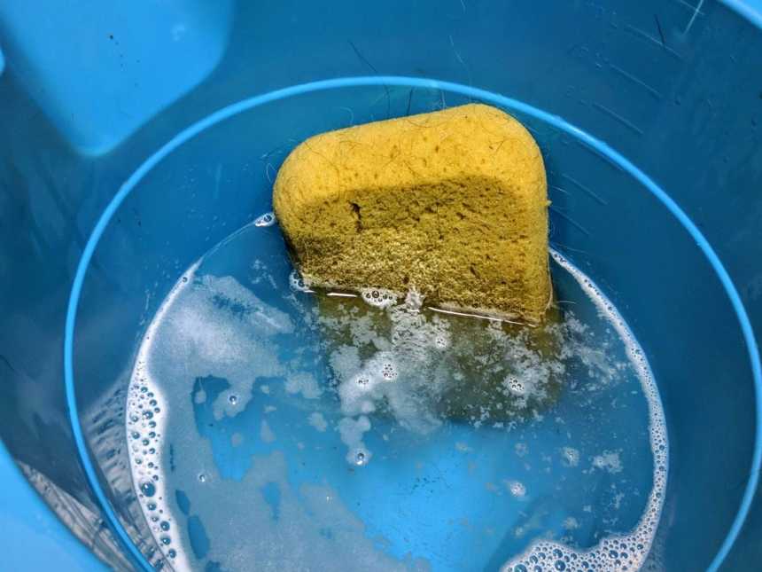blue bucket with suds in it with a big yellow sponge