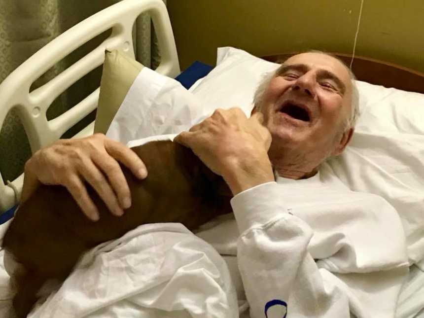 elderly man in nursing home lays in bed with puppy on his chest