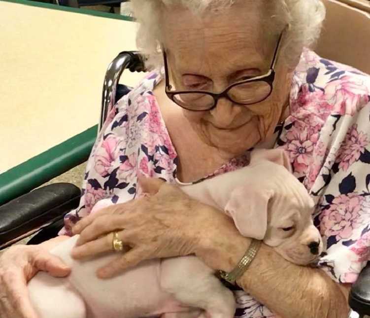 nursing home woman snuggles with white puppy in her lap