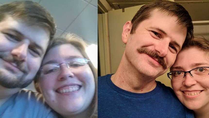 Side by side of husband and wife before and after combined 160 pound weight loss