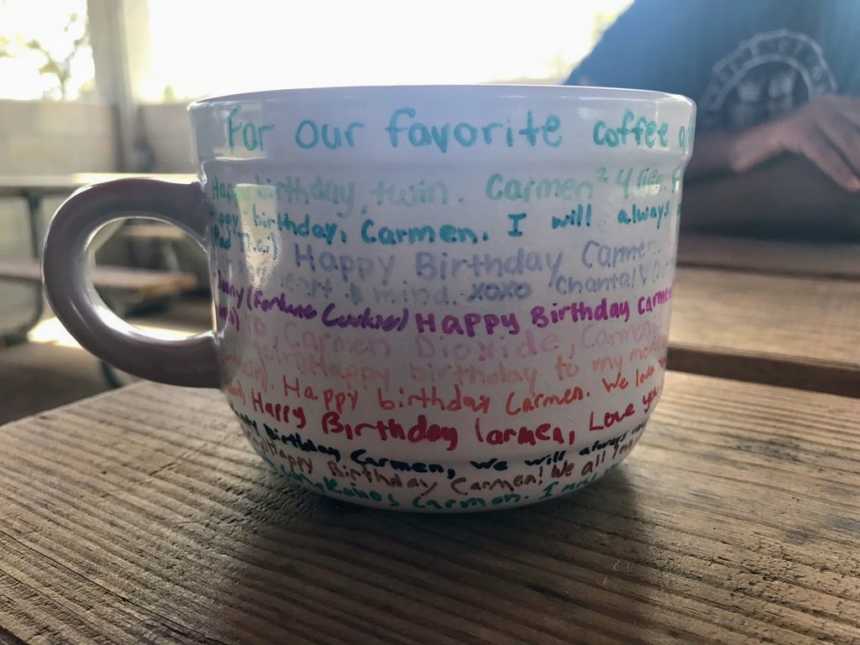 White mug with birthday wishes in different colors for teen who lost her life in Parkland school shooting in Florida