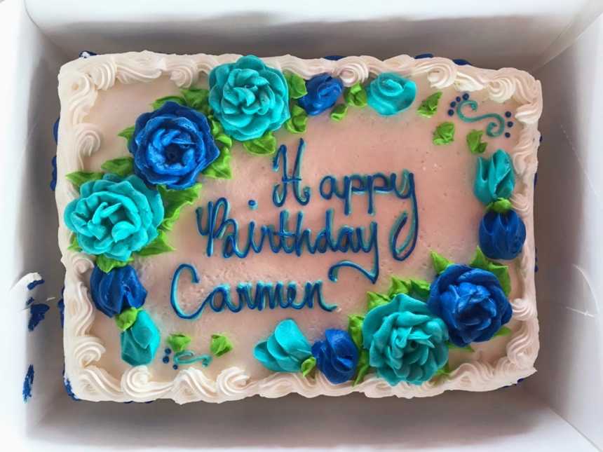 Birthday cake that says, "happy birthday Carmen" for teen who lost her life in Parkland school shooting in Florida