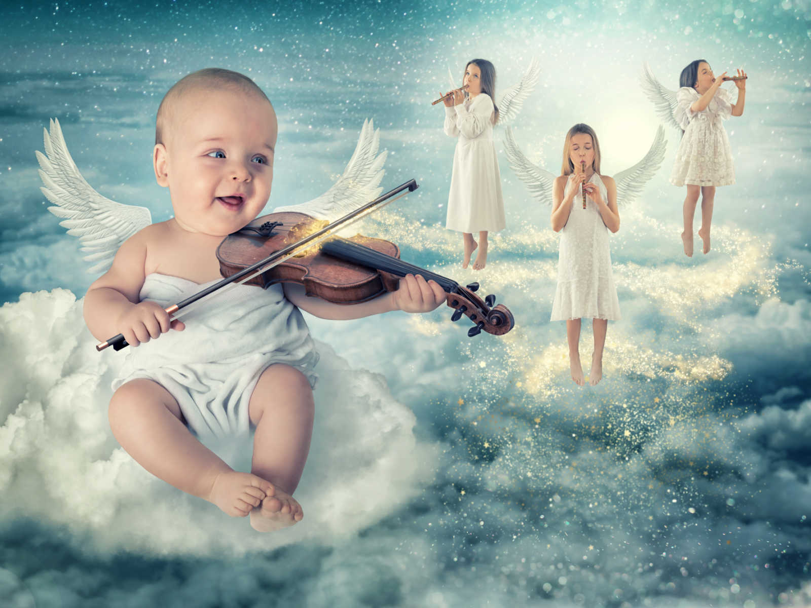baby with wings playing the violin with three other girls floating with wings playing the flute to the baby's righr