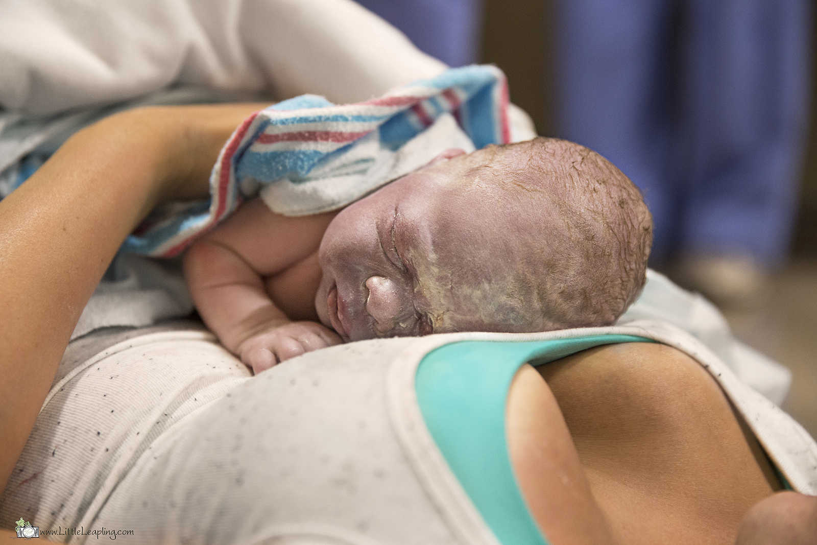 newborn baby lies on mothers chest wrapped in a blanket