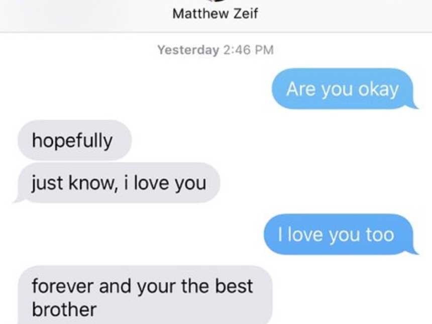 Screenshot of iPhone texts between scared brothers during Parkland school shooting in Florida