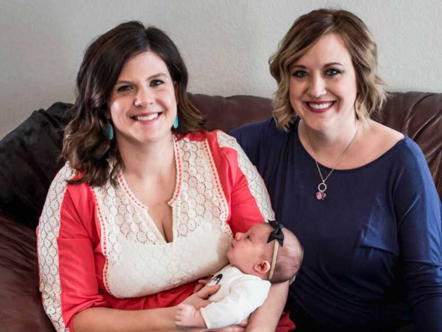 Grieving breast milk donor poses with new mom and newborn