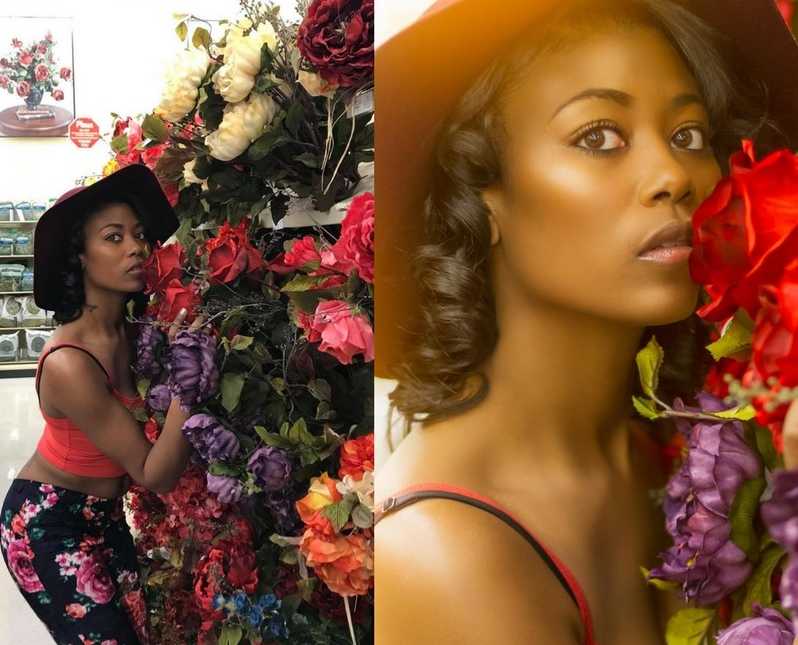 woman posing closely to flowers at hobby lobby before and after editing