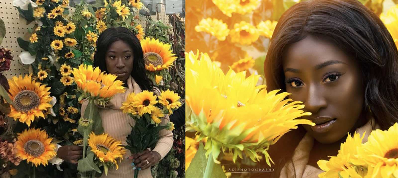 woman holding sunflowers at hobby lobby before and after editing