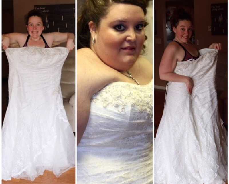 Wife and mother wearing wedding gown after weight loss that is way too big on her 
