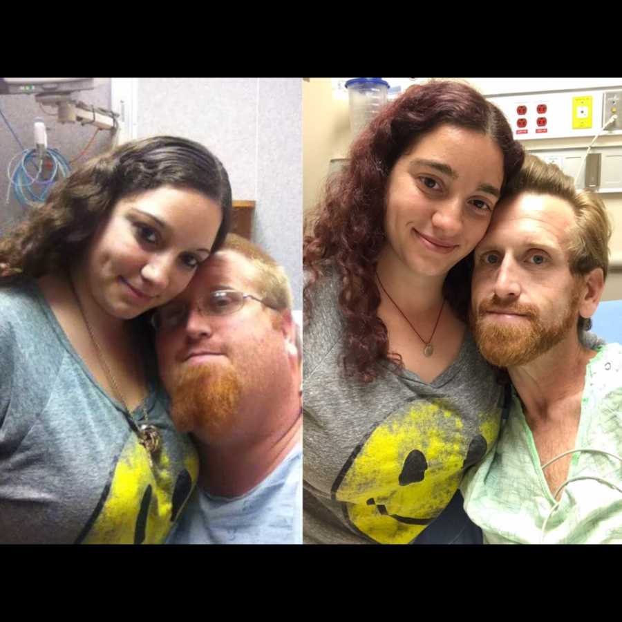 Husband and wife smile in selfie in hospital bed before and after husband went through gastric bypass surgery