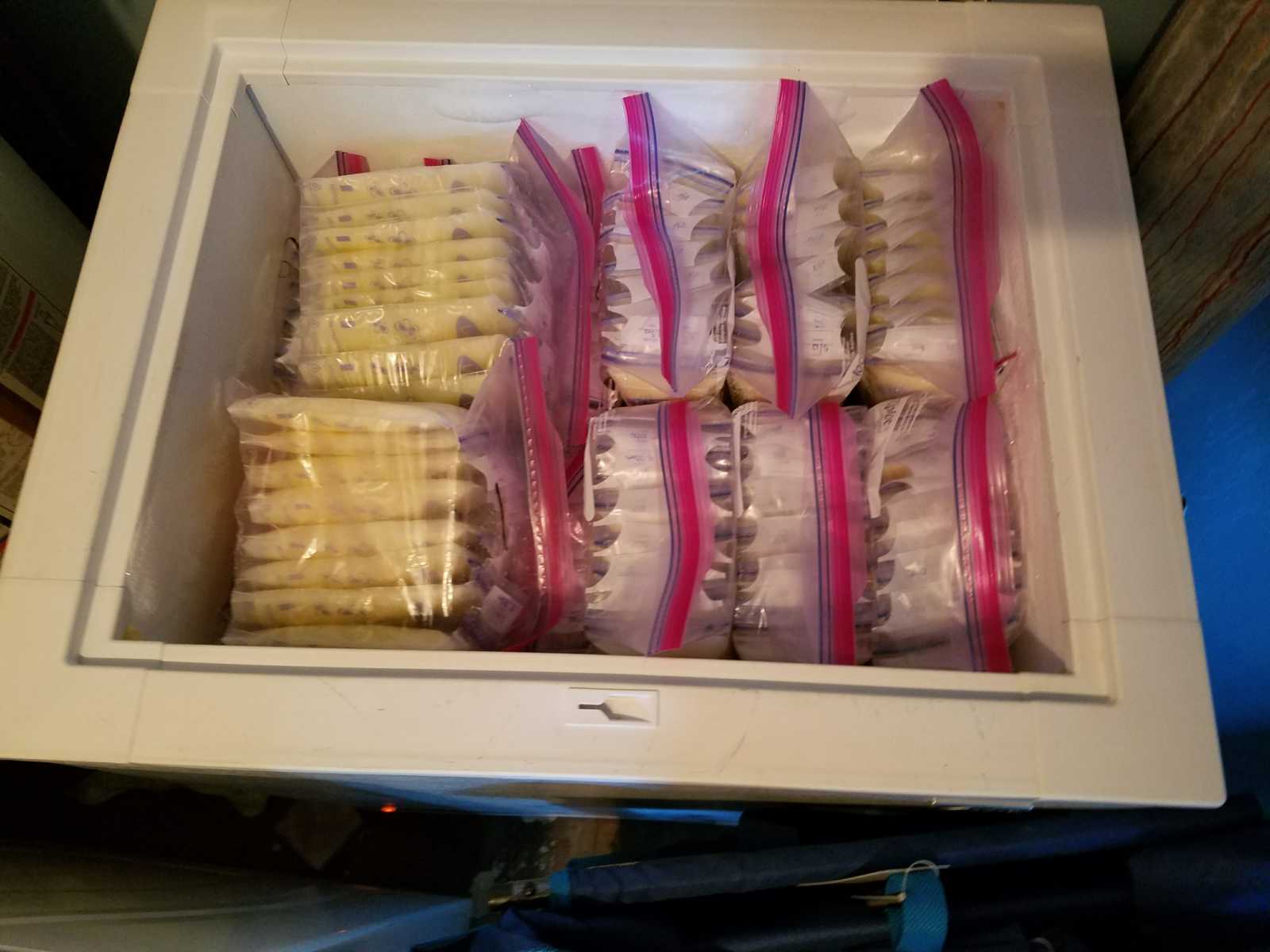 Freezer full of Ziploc bags containing frozen breastmilk