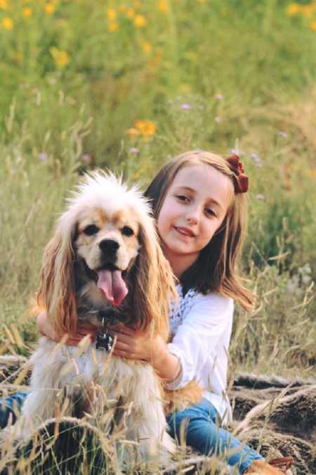 Baby who received liver transplant older smiling in field with dog