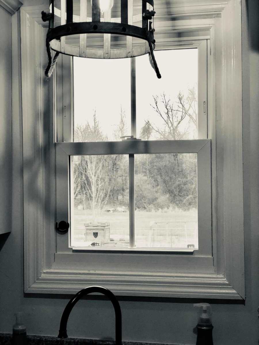 Window above kitchen sink that mother watches her son's play out of every day