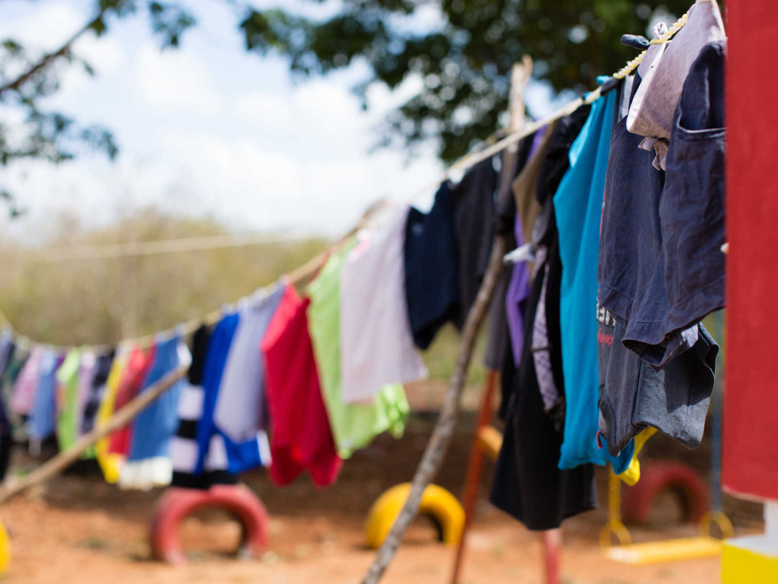 Close up of clothes on clothes line hanging at orphanage outside of Mexico.