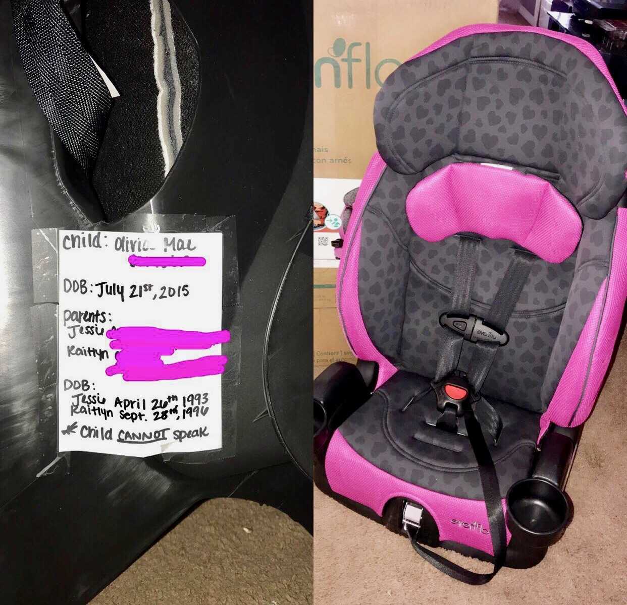 Side by side of car seat label with child’s name, DOB, and parents names next to pink and gray car seat with hearts on it