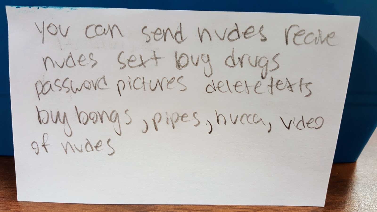Student writes that parents don't know on social media you can buy drugs and send nudes