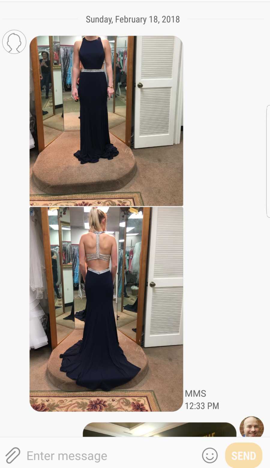 Screenshot of text message of pictures of teen in floor length gown