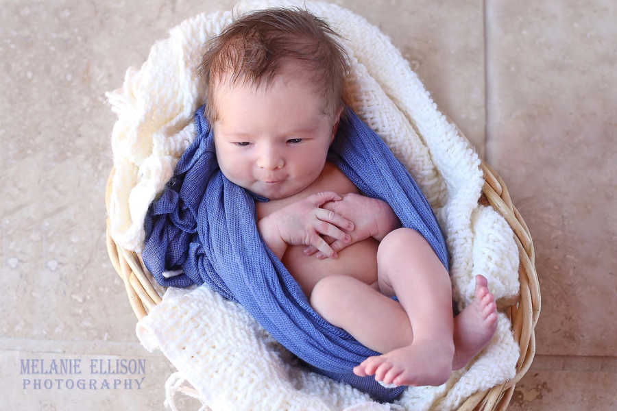 New born baby sits in basket swaddled in a blue blanket
