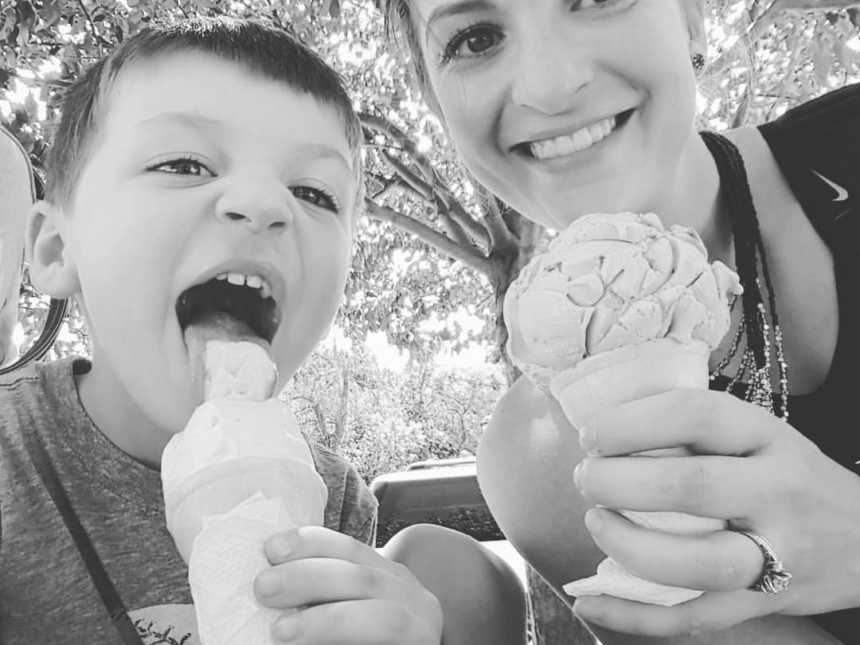 Woman who suffers from mirror-touch synesthesia condition smiles in selfie with son as they eat ice cream