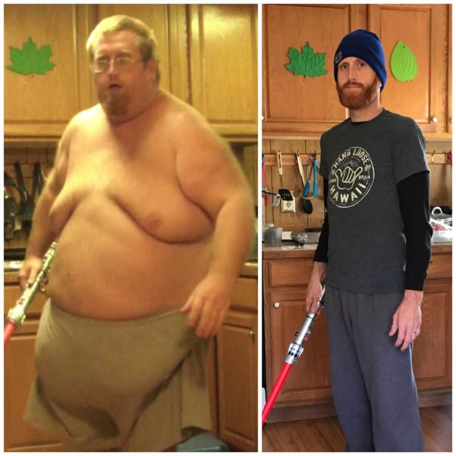 Side by side of man before and after gastric bypass surgery holding a light saber in kitchen