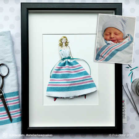 Paper doll wearing a dress made from blanket newborn was swaddled in at hospital
