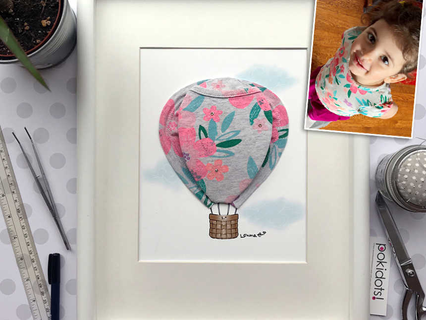 Picture frame of hot air ballon and balloon is made of toddler shirt