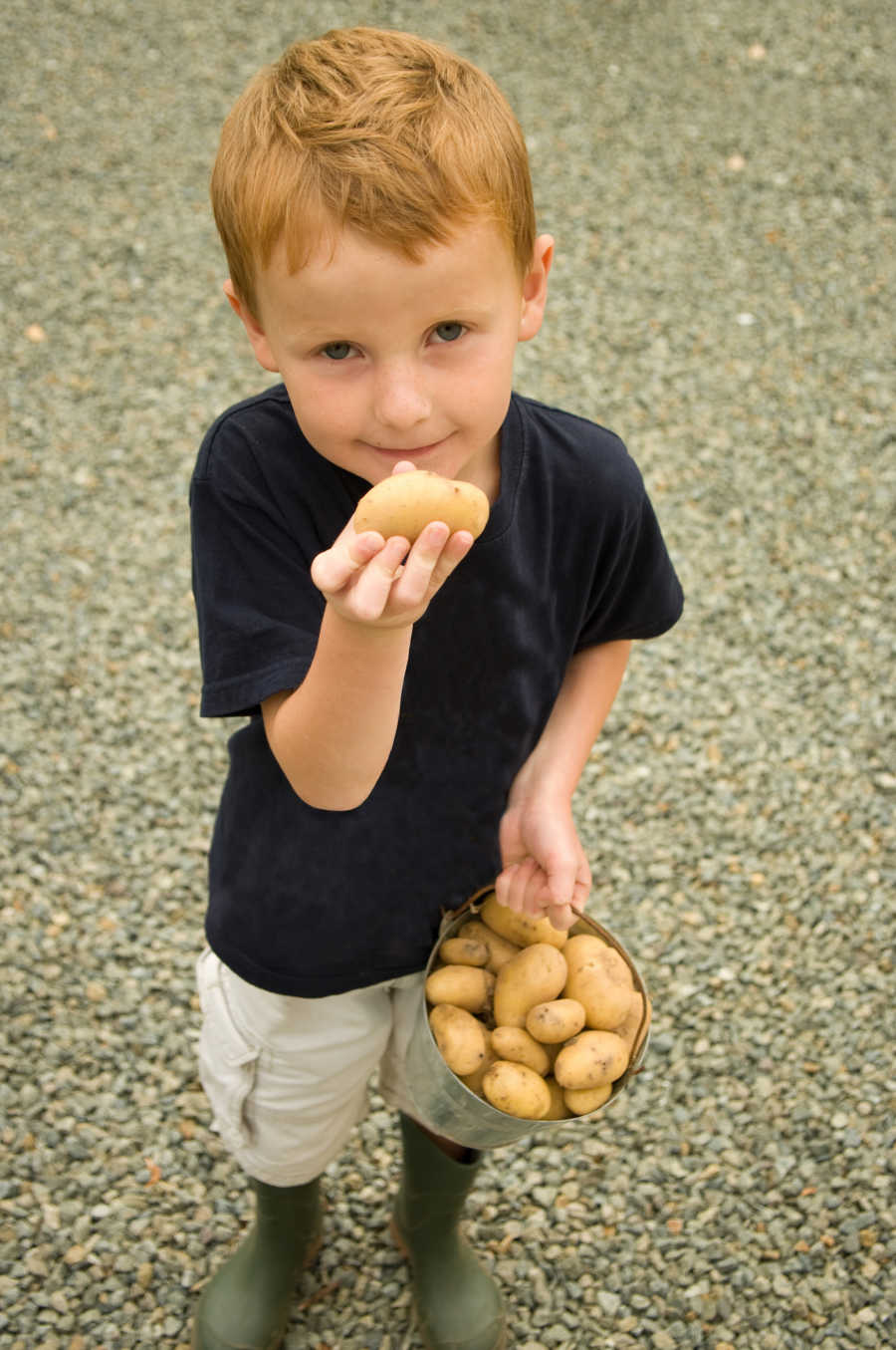 Toddler boy holding a bucket of potatoes in one hand and a single potato in the other as parents teach him lesson