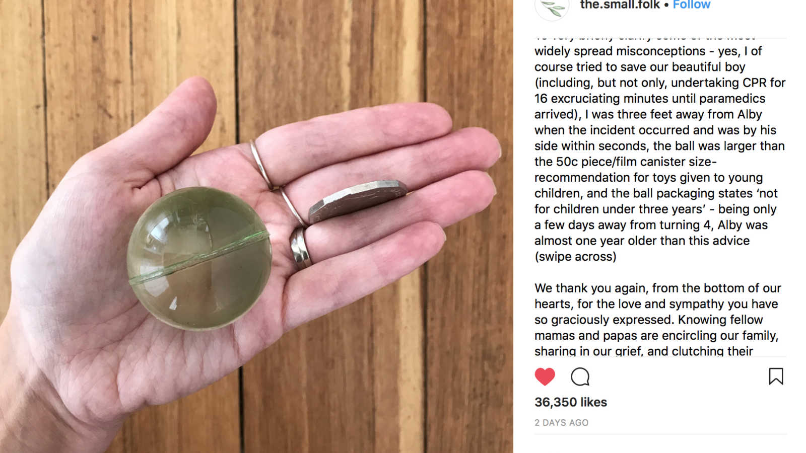 Hand holding bouncy ball that caused boy to die next to coin beside screenshot of instagram caption