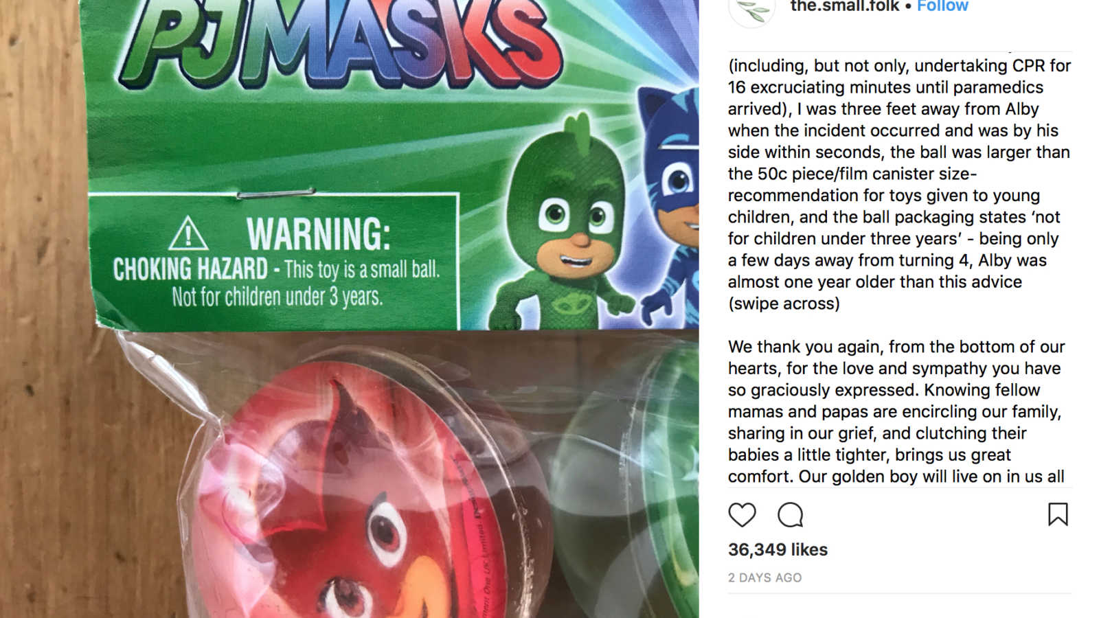 PJMASKS bouncy ball package that caused boy to die that says, "choking hazard" next to screenshot of instagram caption