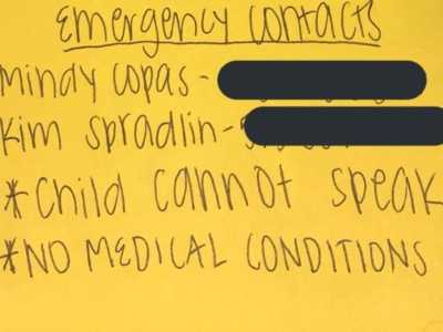 Post it note of emergency contacts for carseat as instructed by EMT