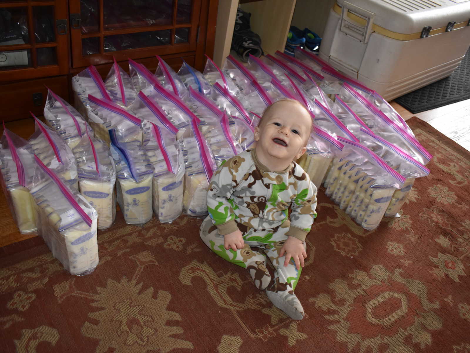 Baby boy sitting on ground smiling in front of rows of Ziploc bags of breast milk his mother was donating