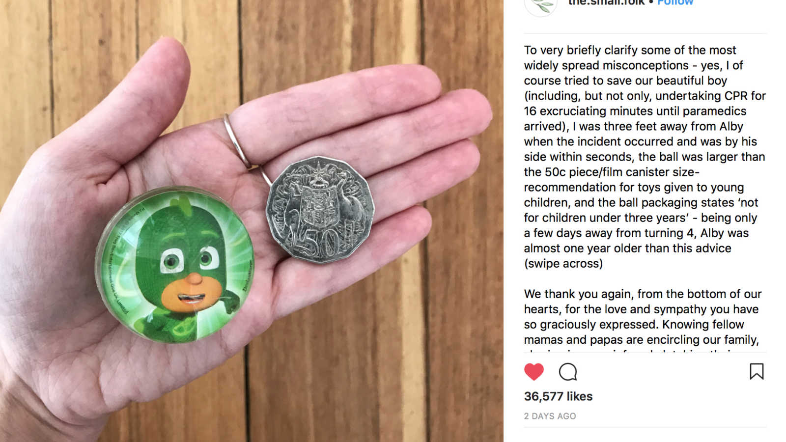 Hand holding green bouncy ball that caused boy to die next to coin besides screenshot of instagram caption