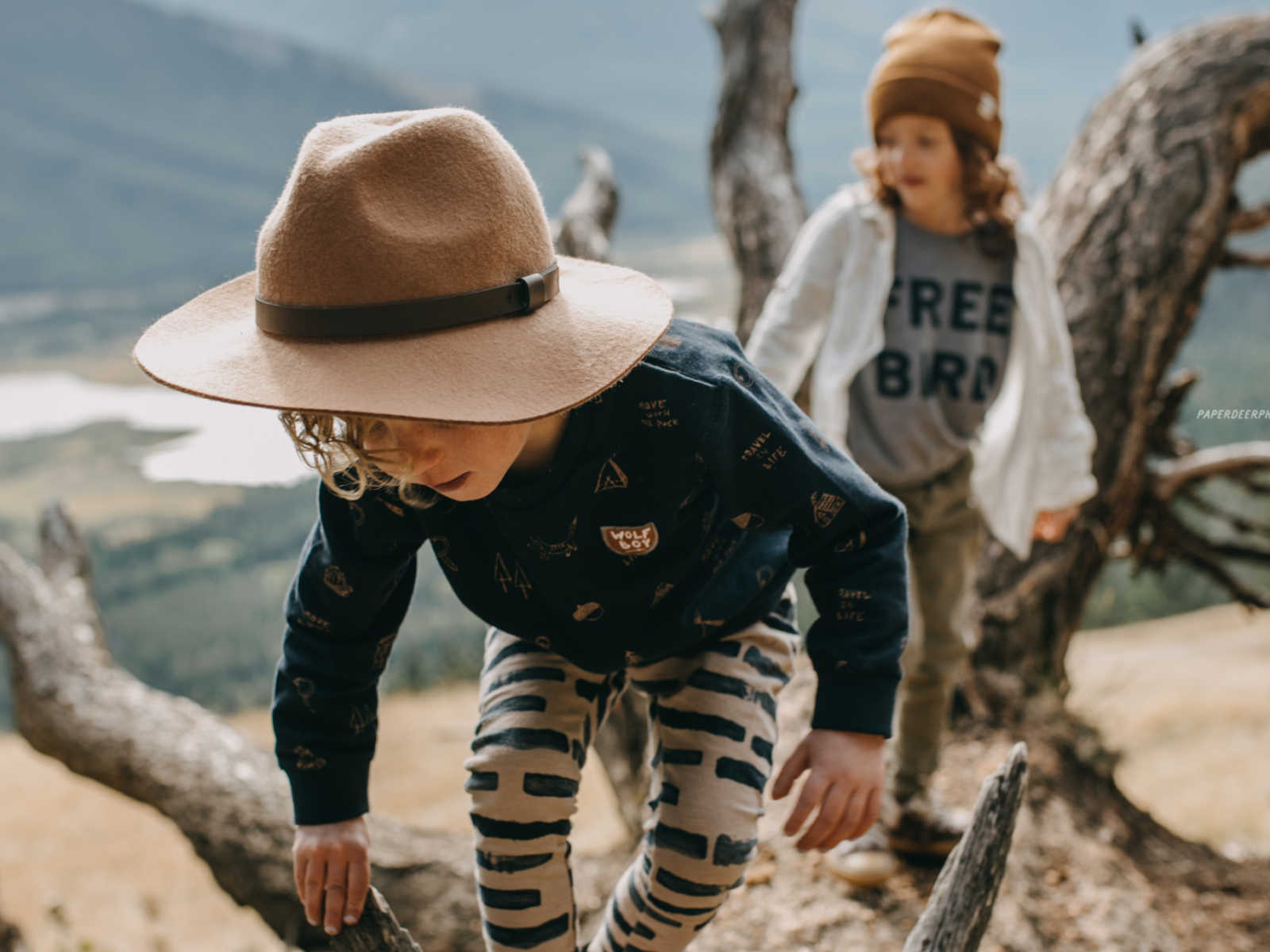 Four year old who has already had two heart surgeries climbs over tree stump with older sibling behind