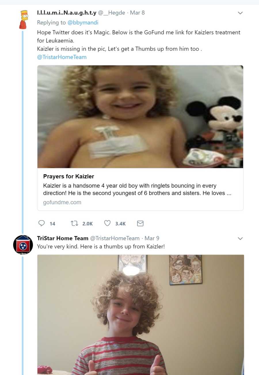 Screenshot of tweets promoting a go fund me for boy with leukemia