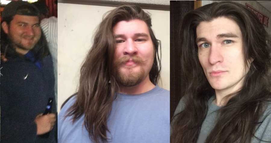 Side by side of man before and after losing weight who now looks like a Disney Prince