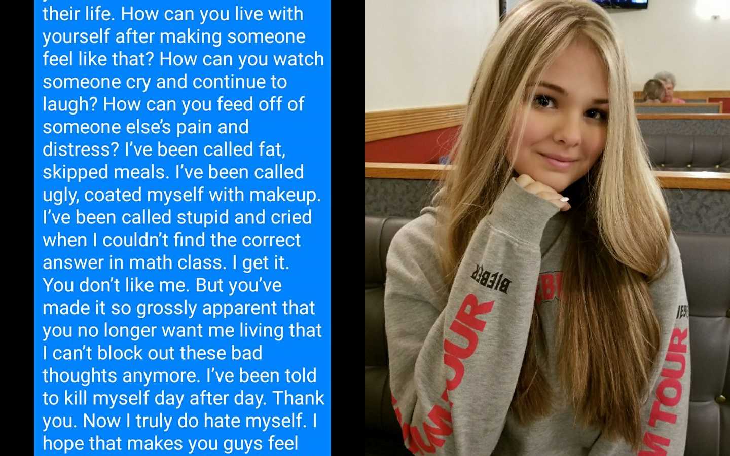 Screenshot of iPhone text of girl confronting her bully next to picture of her