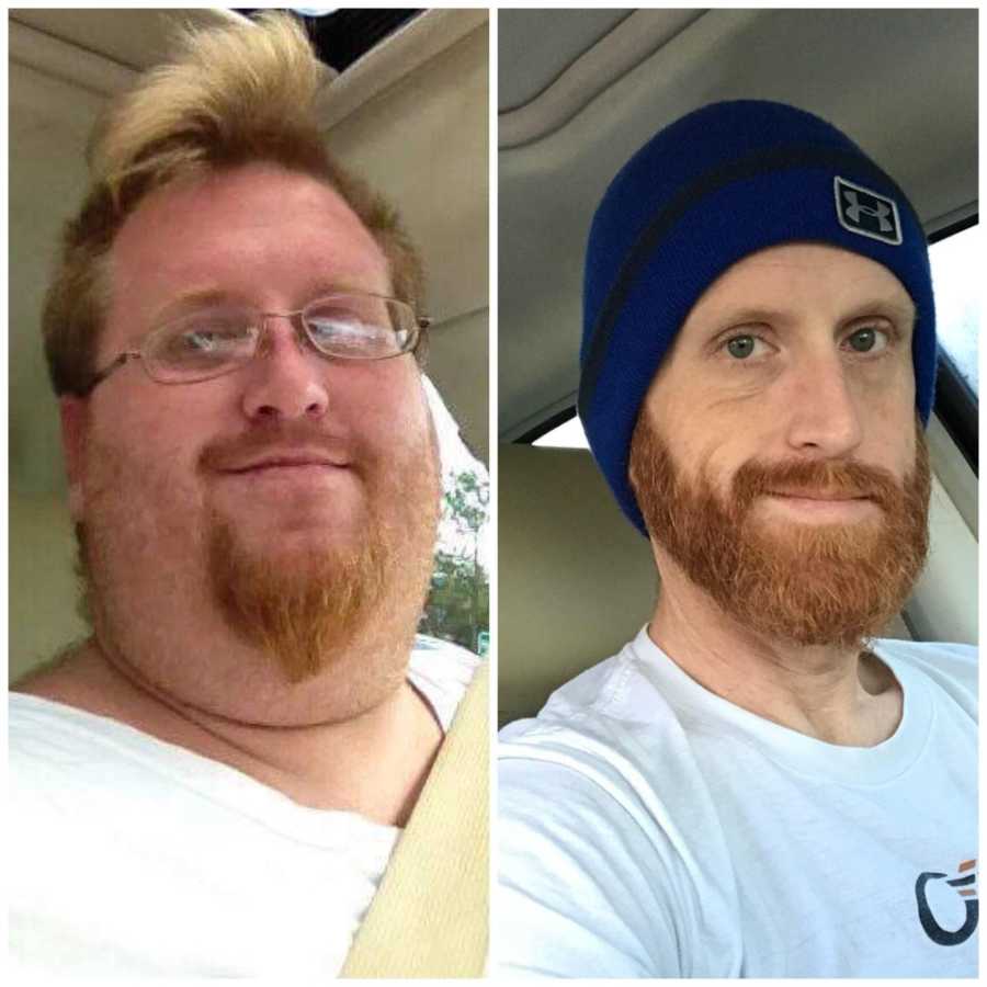 Side by side selfie in car of man before and after gastric bypass surgery