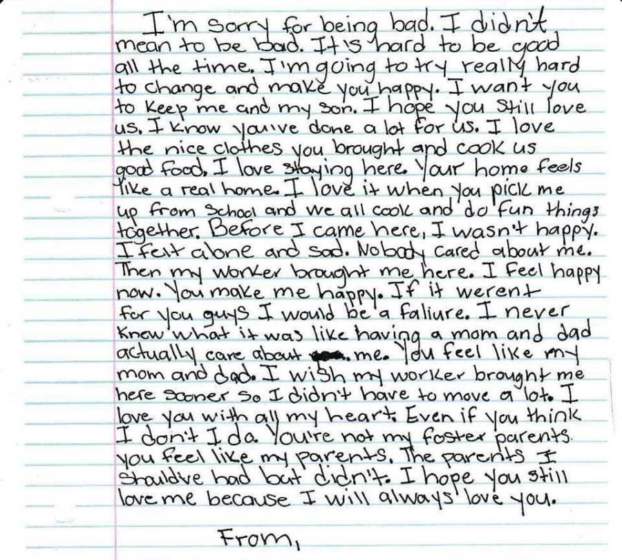 Handwritten note from foster child begging to stay with foster parents who feel like mom and dad