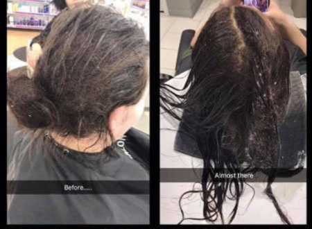 Before and during picture of woman who battles with depression's hair who stylist offered to help