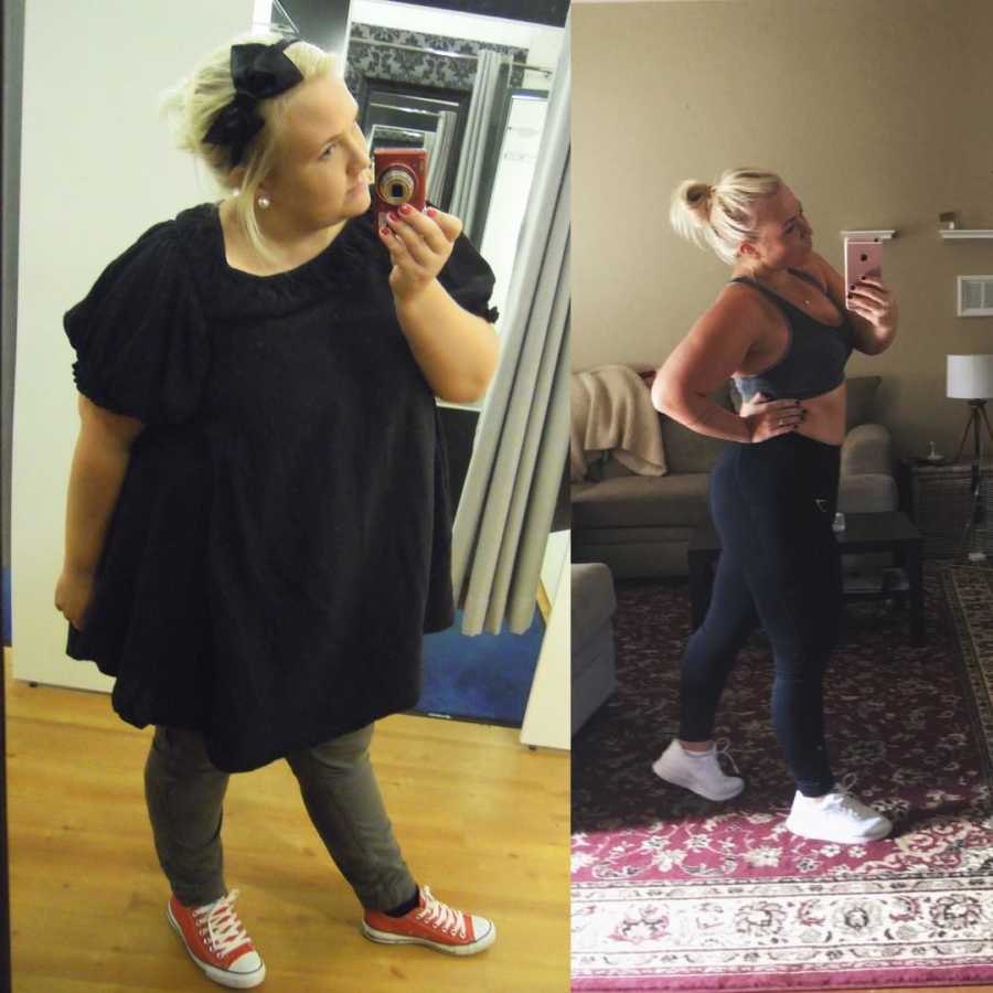 Girlfriend in mirror selfie before and after losing weight 