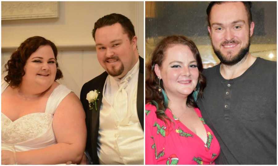 Side by side of couple at their wedding before losing combined 400 pounds next to them after losing weight
