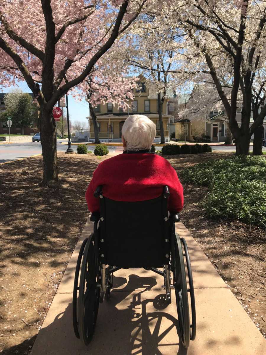 Woman with dementia sits in wheel chair looking at cherry blossom tree